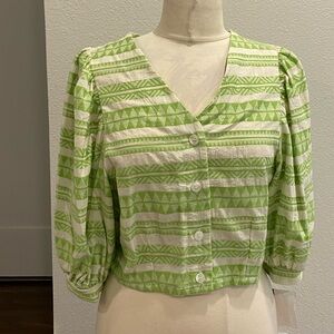 Self Contrast Green and White Patterned Puffer Sleeve Women's Top